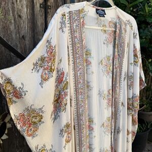Angie Floral Kimono Wrap Cream Boho Open Front Cardigan Festival Lightweight L